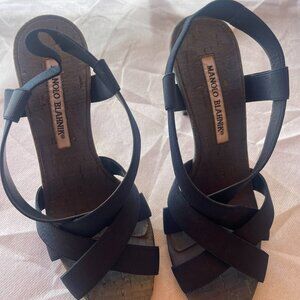 Manolo Blahnik Canvas Slingback Sandals Navy Blue Shoes Strappy Slip On Heels